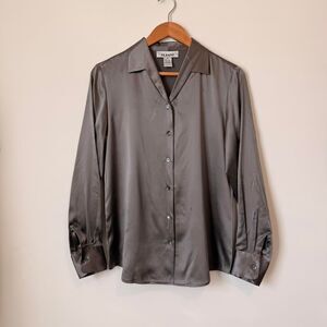 90s Gray Silk Button Down Glam Blouse Alfani